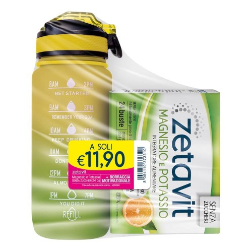 Zetavit Magnesio e Potassio Senza zucchero - Integratore per stanchezza e affaticamento - con Borraccia omaggio - 24 Bustine