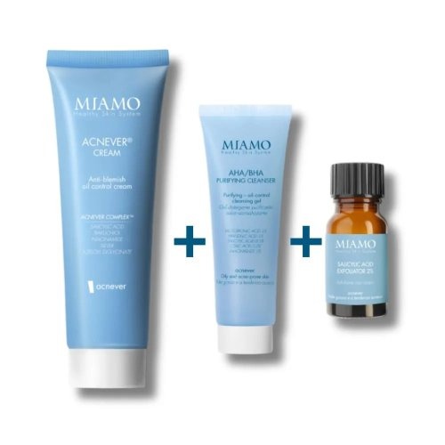Miamo Protocollo Essenziale Pelle Acneica, Acnever Cream 50 ml + AHA/BHA Purifying Cleanser 50 ml + Salicylic Acid Exfoliator 10 ml Miamo Protocollo Essenziale Pelle Acneica, Acnever Cream 50 ml + AHA/BHA Purifying Cleanser 50 ml + Salicylic Acid Exfoliator 10 ml