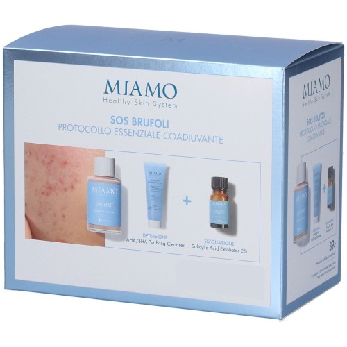 Miamo Protocollo Essenziale, SOS Brufoli Dry Spot 30 ml + AHA/BHA Purifying Cleanser 50 ml + Salicylic Acid Exfoliator 10 ml